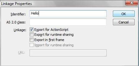 The dialog(ue) box with "Identifier" "AS 2.0 Class", "Linkage" (options) and "URL" (greyed out)